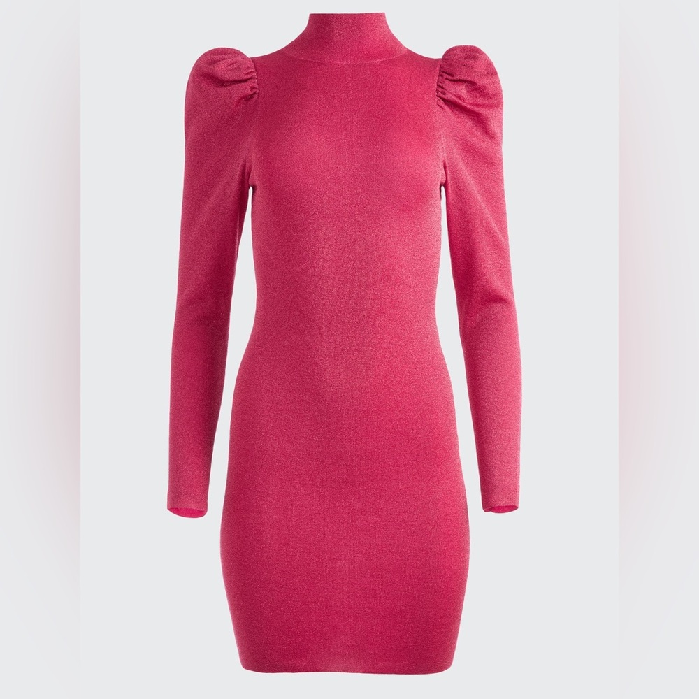 Alice + Olivia‎ Issa Turtleneck Puff-Sleeve Dress in hot pink metallic - Picture 4 of 10